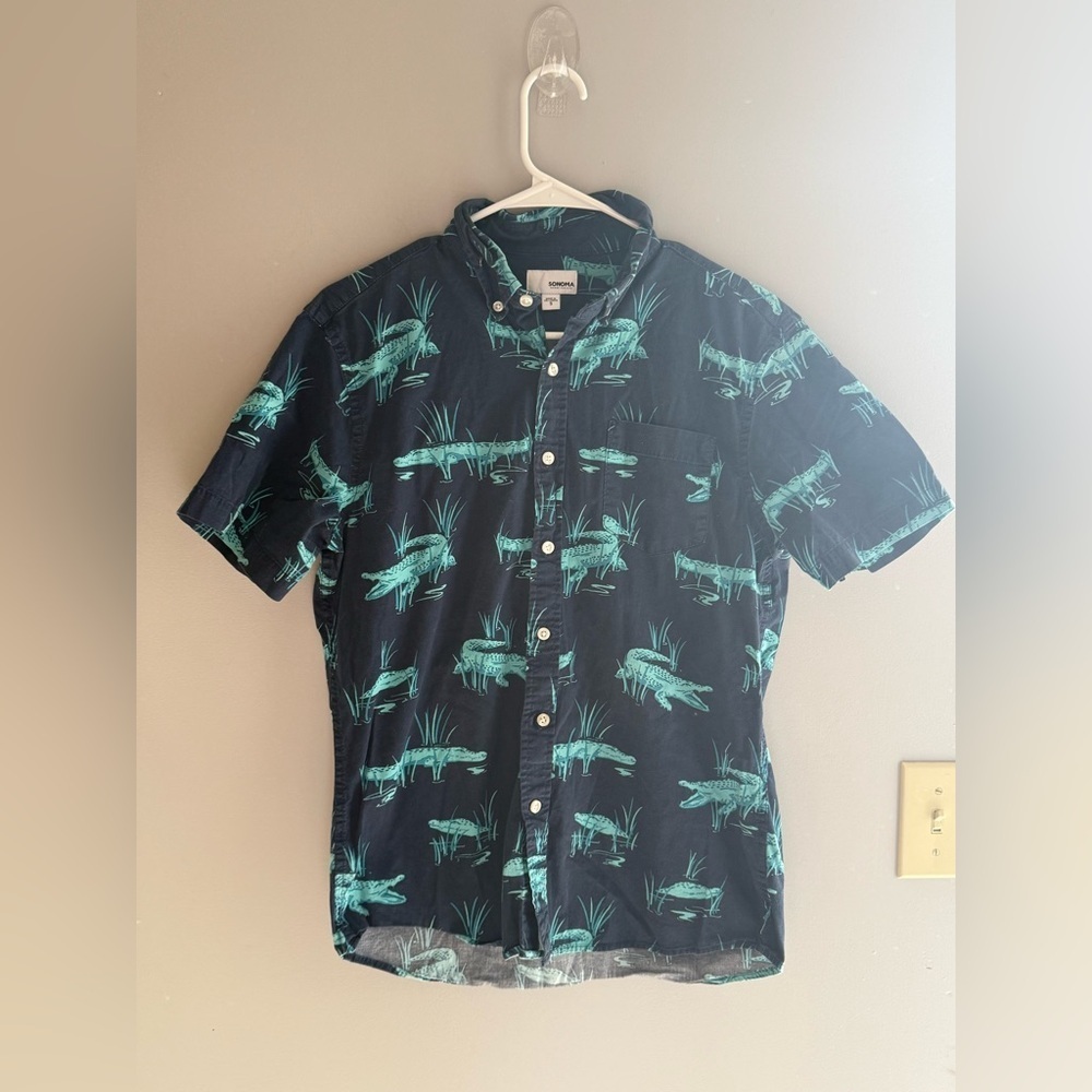 Sonoma Short Sleeve Button Up Collared Shirt Men’s SZ S Alligator Swamp Blue